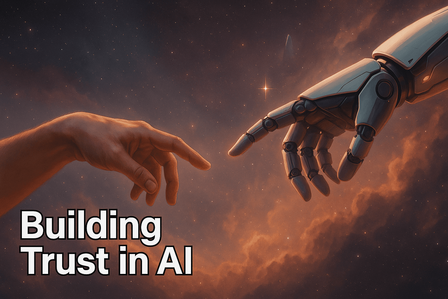 Human and robot hands reaching toward each other over a starry sky